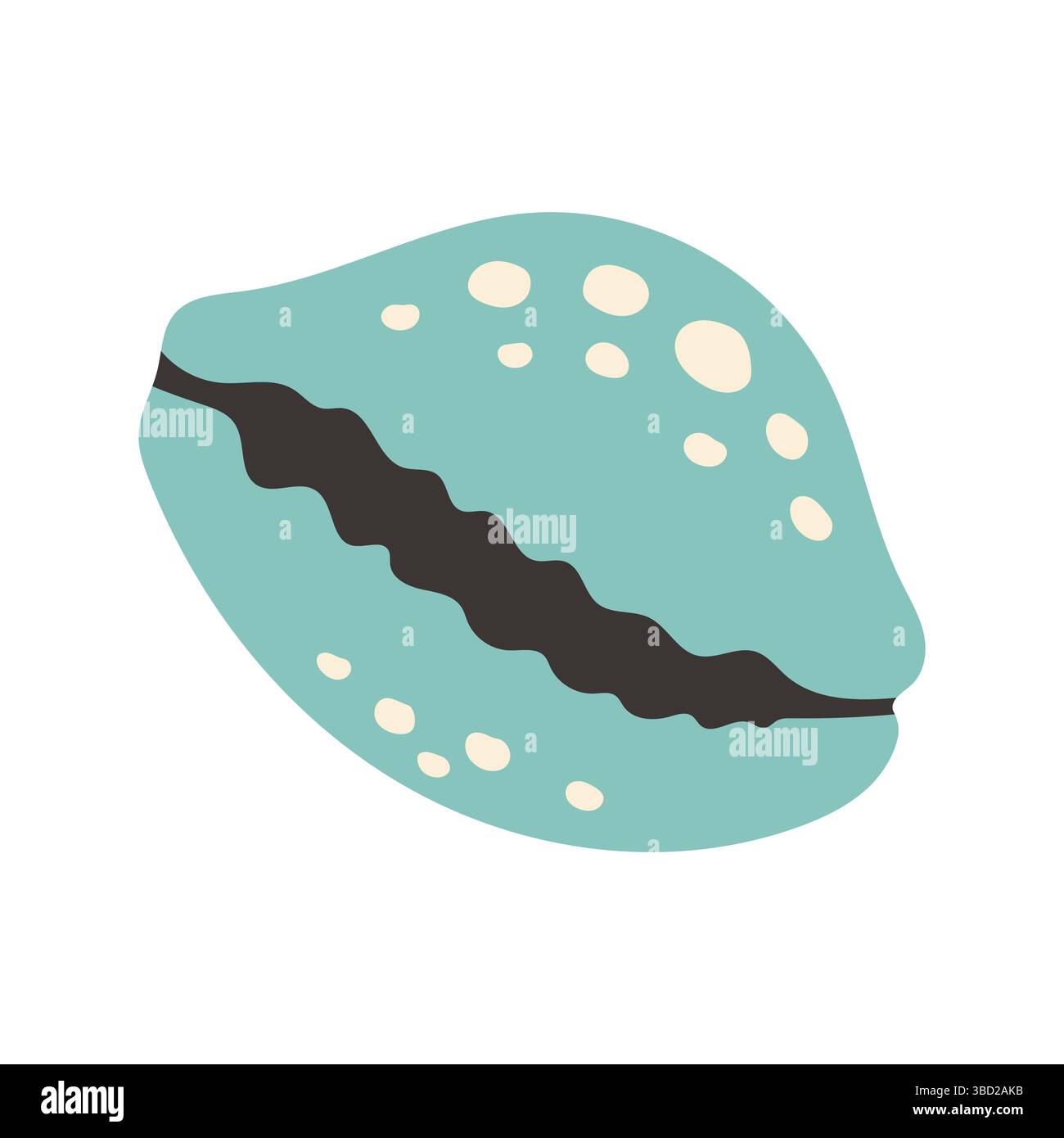 Illustrazione vettoriale di una conchiglia di cowrie blu con macchie bianche e una linea centrale scura. Ha un look morbido e divertente, perfetto per la spiaggia o l'estate Illustrazione Vettoriale