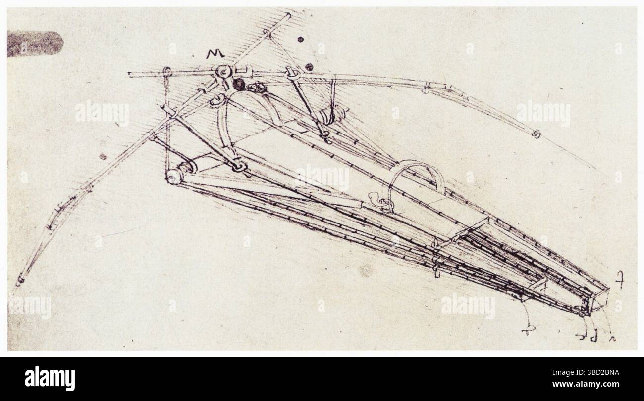 LEONARDO DA VINCI. DISEGNO DI UNA MACCHINA VOLANTE. 1485. PENNA E INCHIOSTRO. 230 X 160 MM Foto Stock