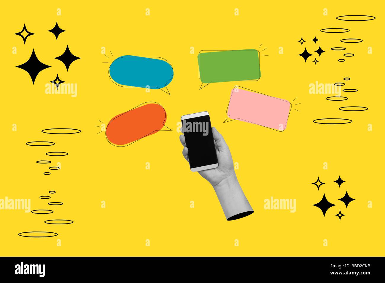Collage di una donna con una mano che tiene in mano uno smartphone e bolle colorate su sfondo giallo con stelle e cerchi Foto Stock