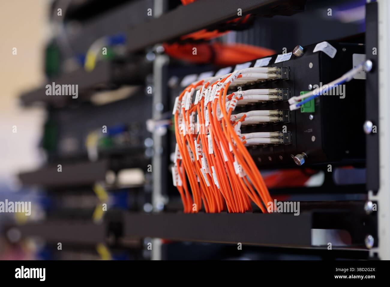 Primo piano dello switch Gigabit ethernet modulare gestito da industrie con cavi in fibra ottica collegati. Messa a fuoco selettiva. Foto Stock