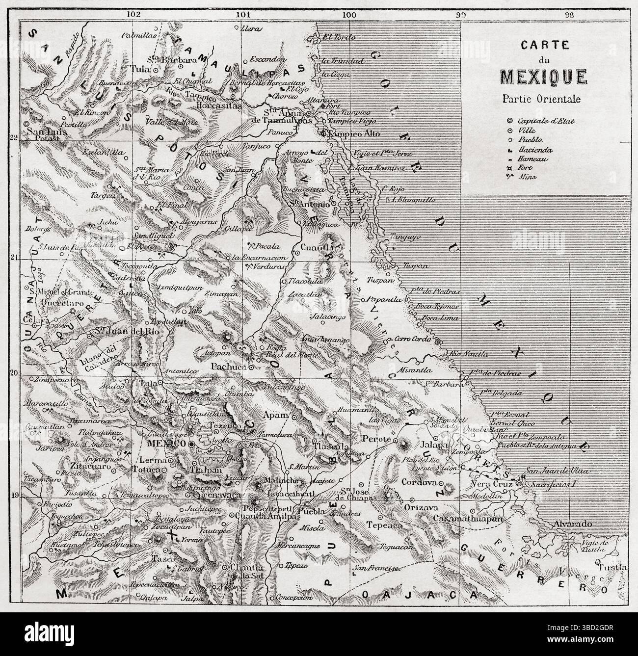 Mappa del Messico orientale del XIX secolo. Da Voyage to Mexico di M.E. Vigneaux, 1854-1855. Apparso in le Tour du Monde, pubblicato nel 1862. Foto Stock