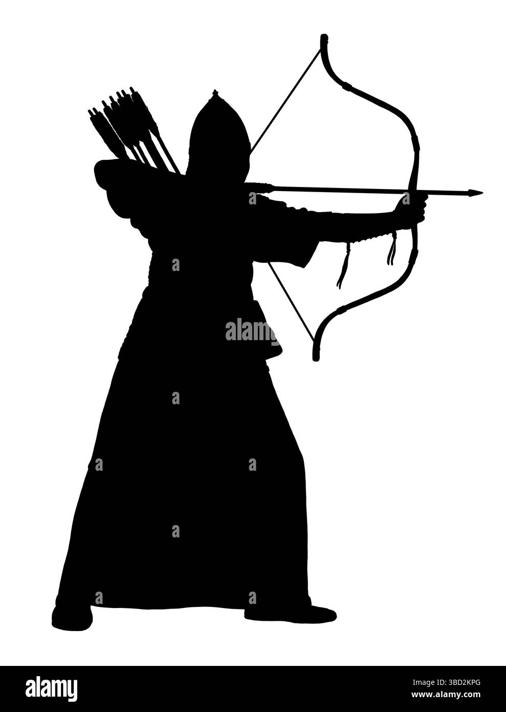 Roman archer in battaglia. Disegno storico della silhouette in bianco e nero. Foto Stock