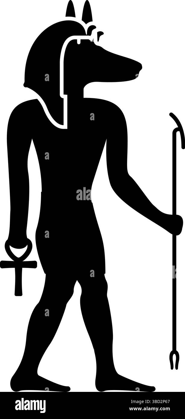 Divinità Anubi con testa di sciacallo, antico dio egiziano, regge il bastone e una silhouette a croce con un'icona mitica, immagine vettoriale di colore nero piatta Illustrazione Vettoriale