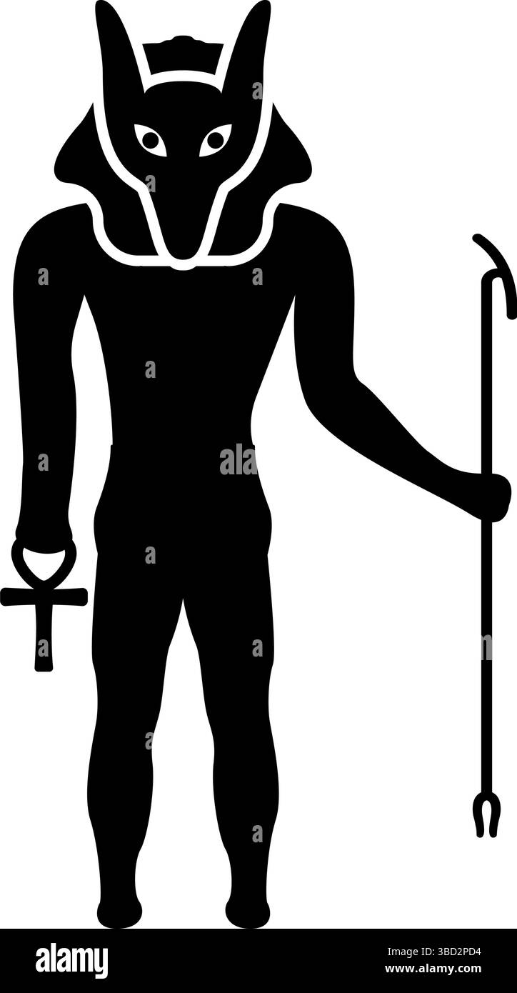 Divinità Anubi con testa di sciacallo, antico dio egiziano, regge il bastone e una silhouette a croce con un'icona mitica, immagine vettoriale di colore nero piatta Illustrazione Vettoriale