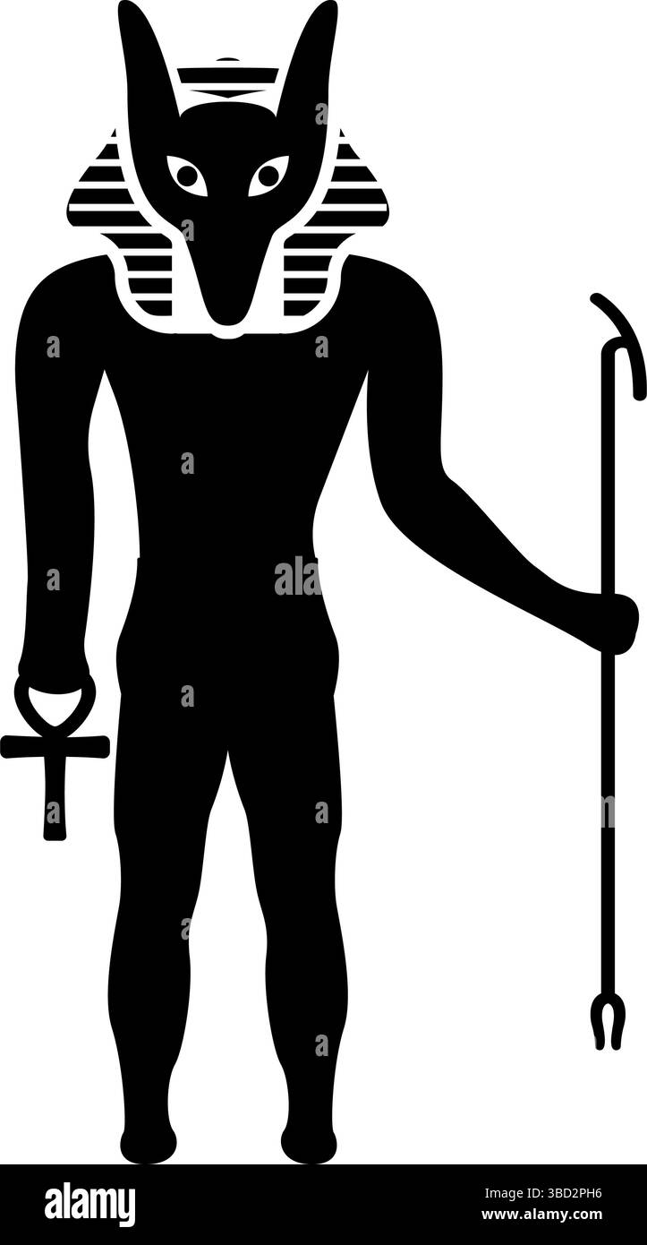 Divinità Anubi con testa di sciacallo, antico dio egiziano, regge il bastone e una silhouette a croce con un'icona mitica, immagine vettoriale di colore nero piatta Illustrazione Vettoriale
