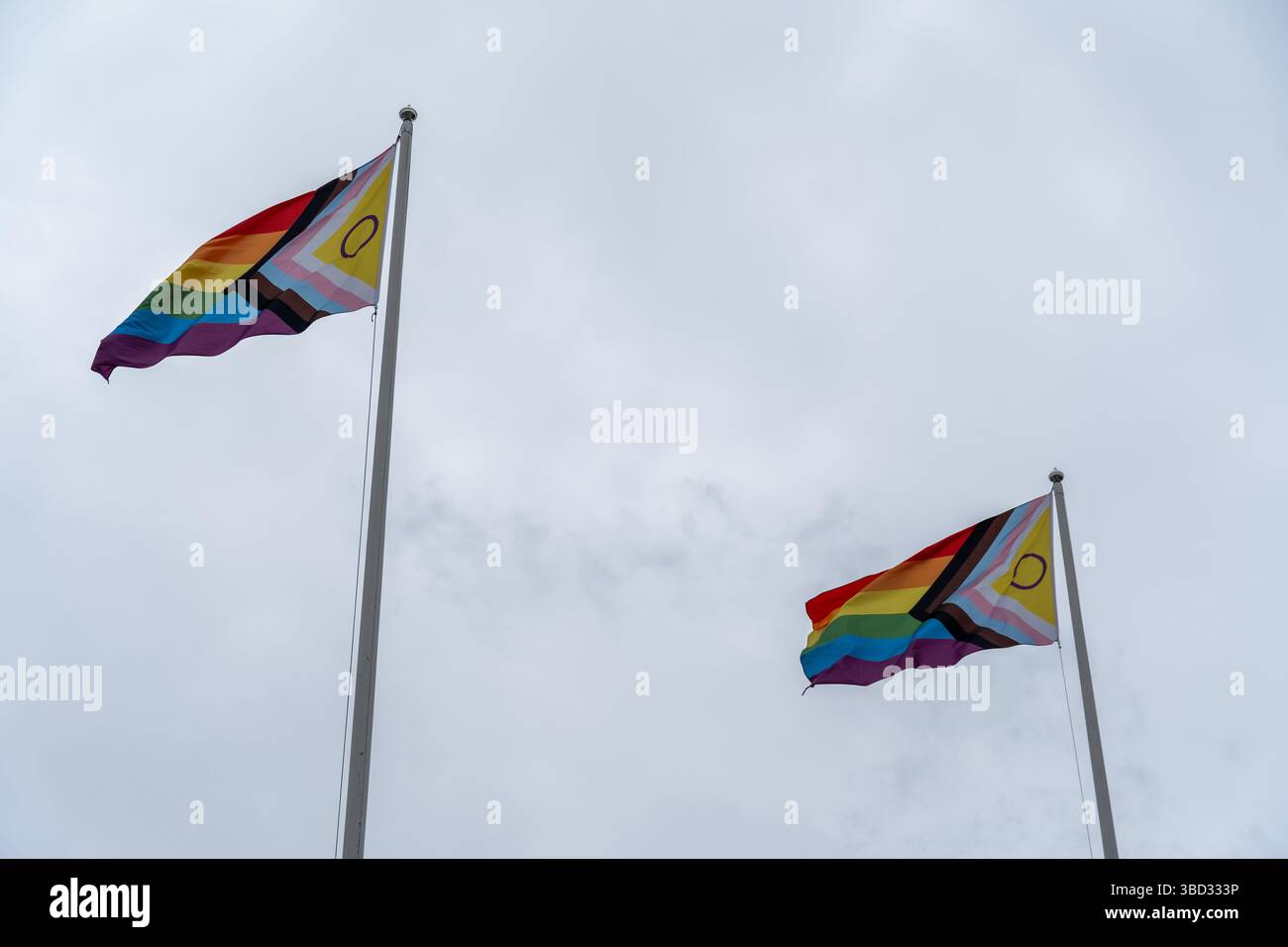 Due bandiere d'orgoglio che sventolano nel cielo mostrando il simbolismo dell'amore Foto Stock