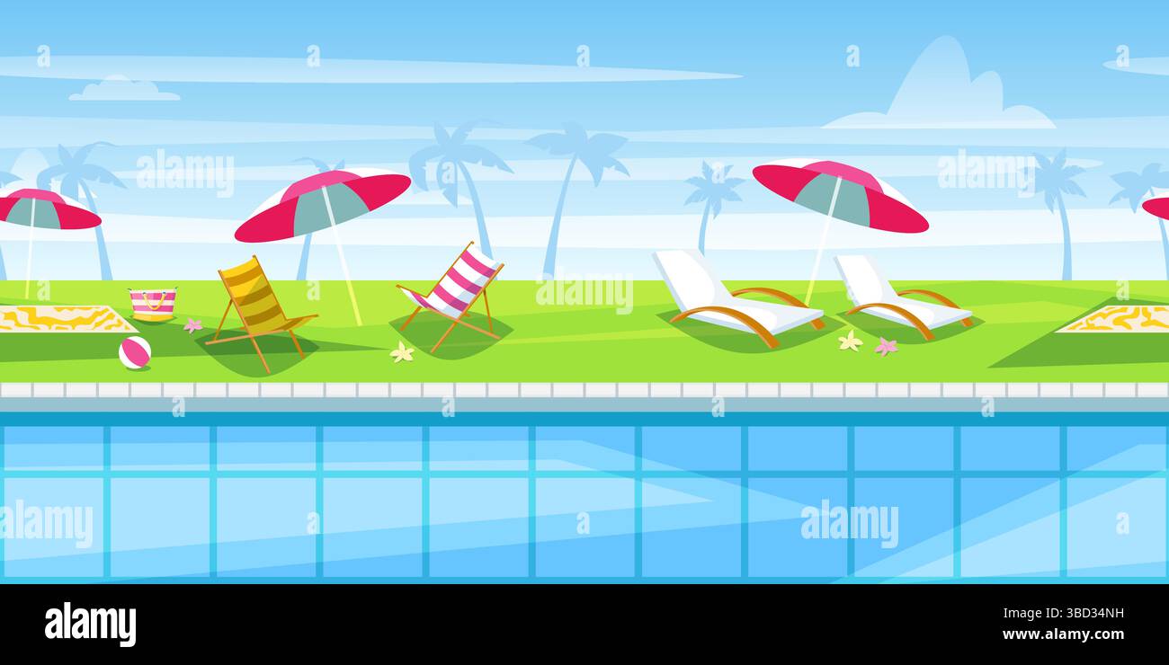 Sfondo orizzontale senza cuciture con paesaggio da resort con piscina, ombrelloni e chaise longue. Illustrazione di un cartone animato piatto vettoriale. Viaggi estivi, Beach club b Illustrazione Vettoriale