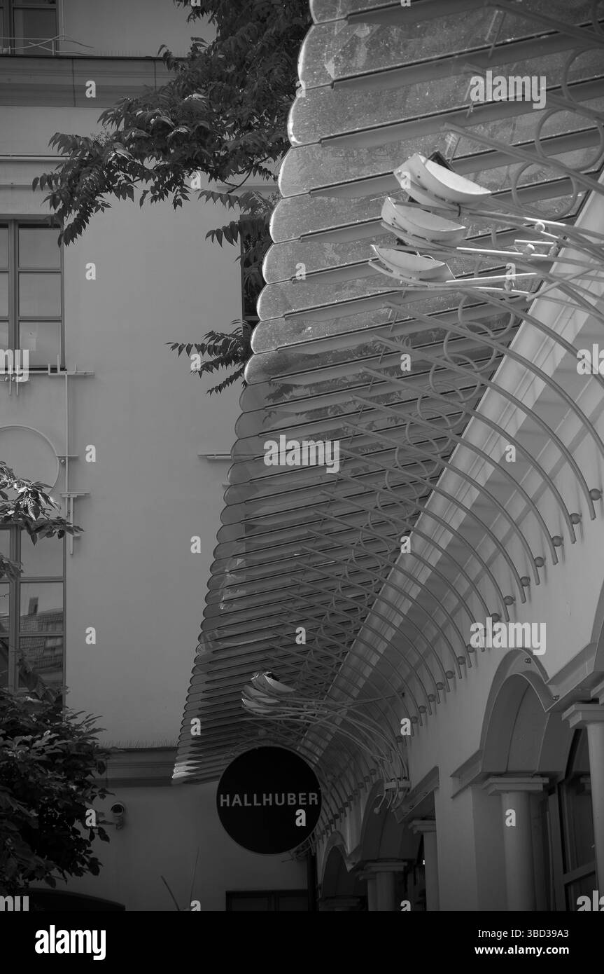 Una vista dettagliata di una passerella coperta a Berlino mostra strutture metalliche uniche, alberi frondosi e edifici vicini sotto la luce soffusa. Foto Stock