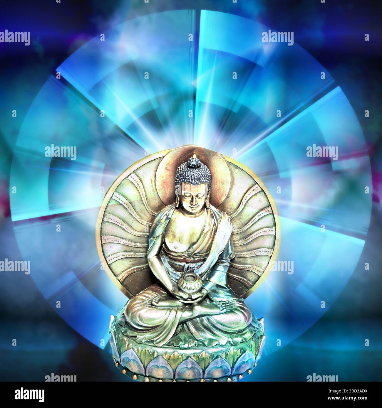 Statua del Buddha con un cerchio di luce blu come sfondo Foto Stock