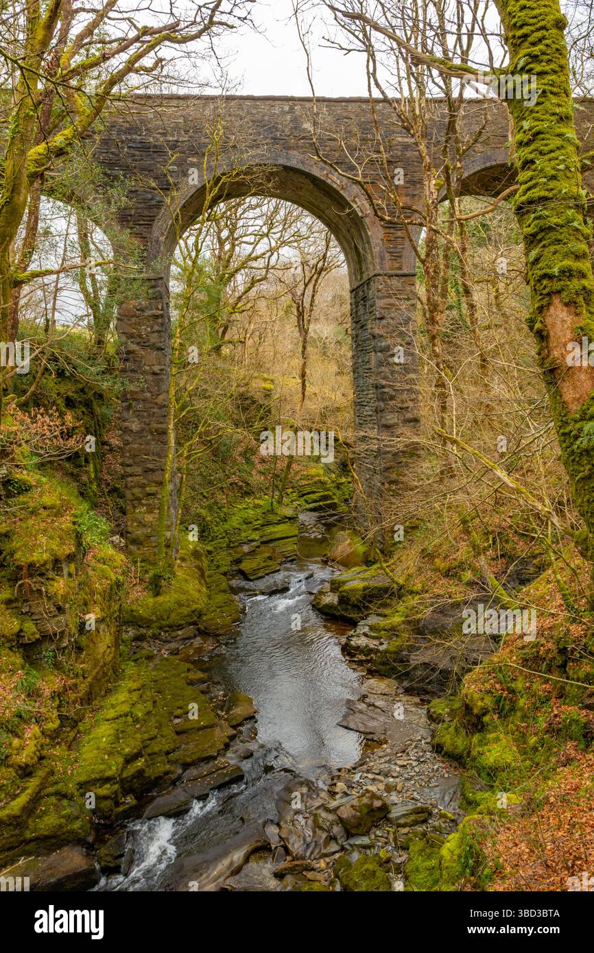 Viadotto ferroviario abbandonato sull'Afon Cynfal vicino Ffestiniog nel Galles del Nord Foto Stock