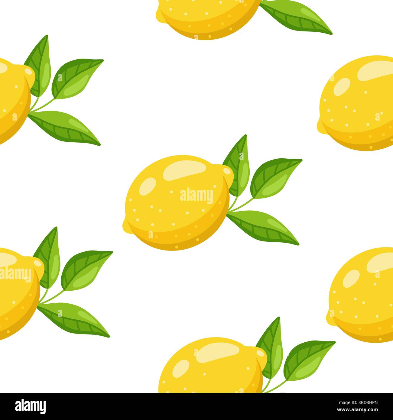Semplice motivo senza cuciture con limoni gialli luminosi e foglie verdi su sfondo bianco in uno stile piatto. Illustrazione Vettoriale