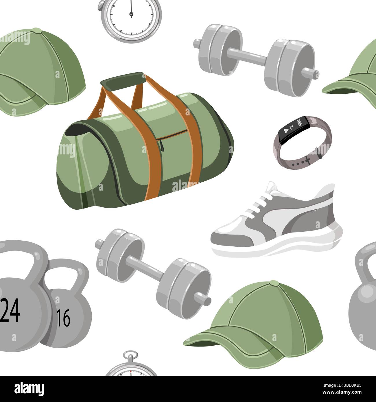 Motivo vettoriale piatto senza cuciture con attrezzature fitness, borsa sportiva, sneakers, cappellino da baseball, manubri, e kettlebell. Design semplice a tema per l'allenamento Illustrazione Vettoriale