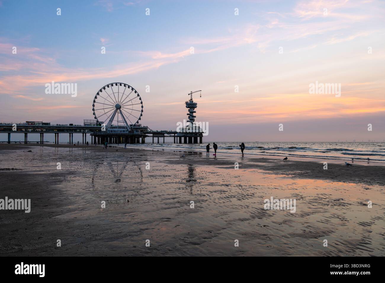 L'Aia, Paesi Bassi - 18 agosto 2024: Vista del tramonto con la ruota panoramica sulla spiaggia di Scheveningen, l'Aia Foto Stock