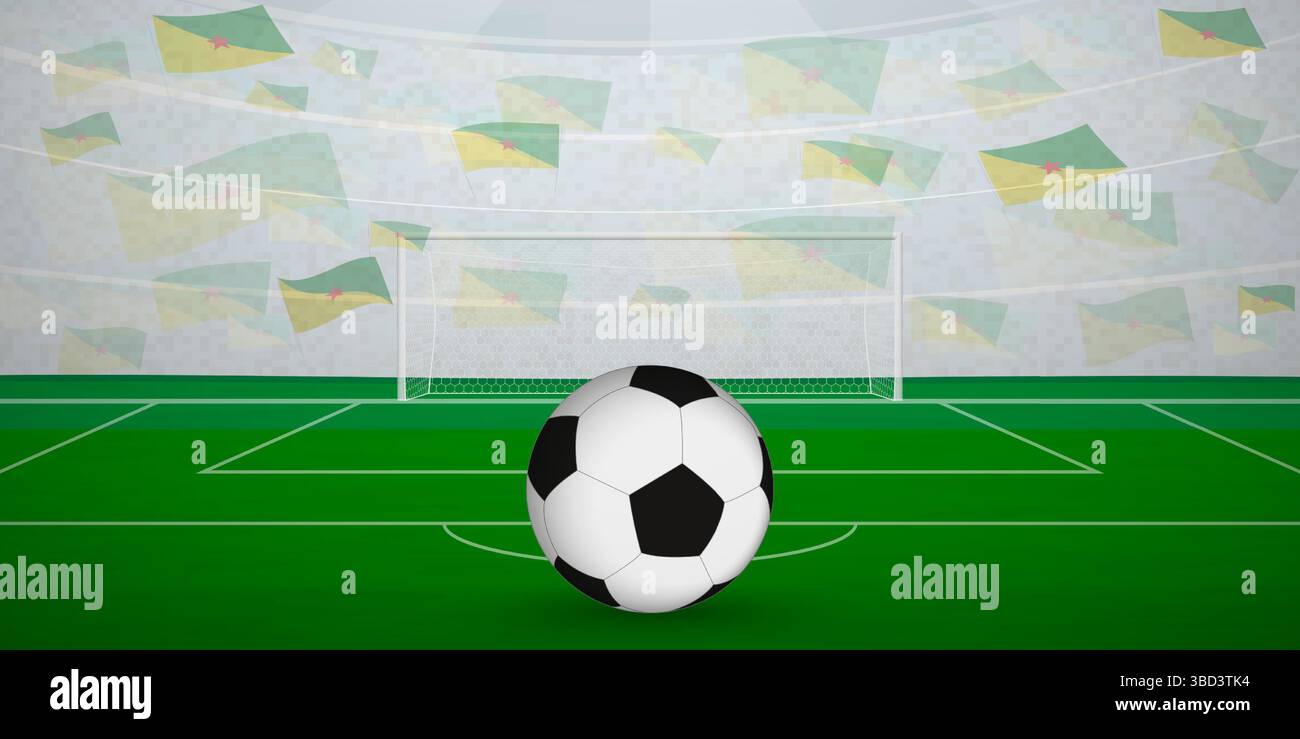 Arena di calcio della Guyana francese piena di tifosi con bandiere nazionali e illustrazione di eventi sportivi. Ideale per l'uso in promozioni di eventi sportivi, a tema calcistico Illustrazione Vettoriale