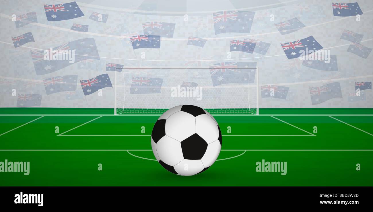 Australian Football Arena piena di tifosi con bandiere nazionali e illustrazione di eventi sportivi. Ideale per l'uso in promozioni di eventi sportivi, design a tema calcistico Illustrazione Vettoriale