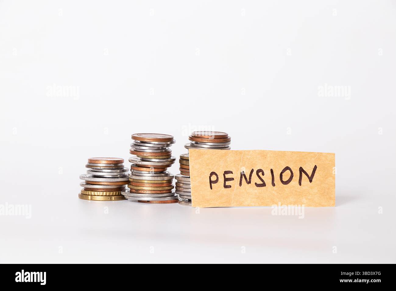 Pile di monete e carta con la parola pensione su sfondo bianco, affari e finanza Foto Stock