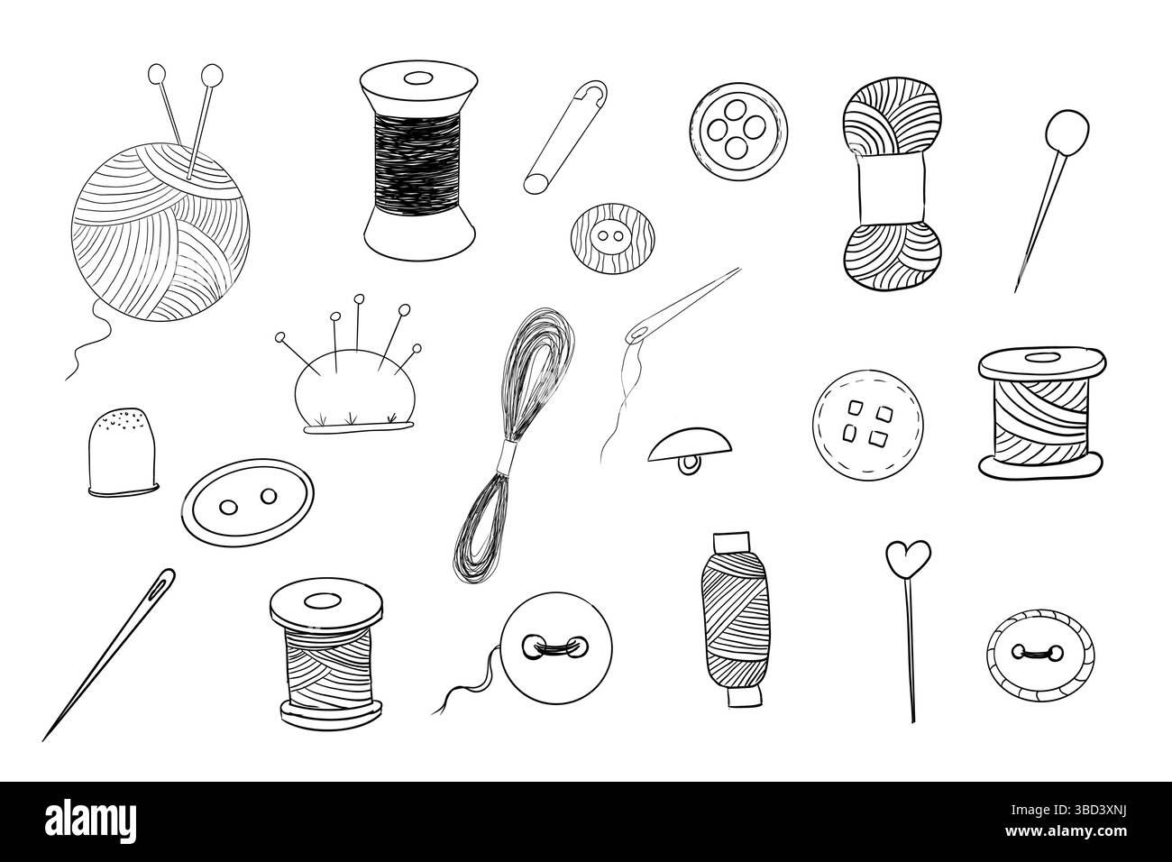 Set da cucire con filetto, spaghetti ad ago disegnati a mano. Collezione di ricami artigianali. Kit sartoriale vintage. Accessori per cucire. Illustrazione vettoriale Illustrazione Vettoriale