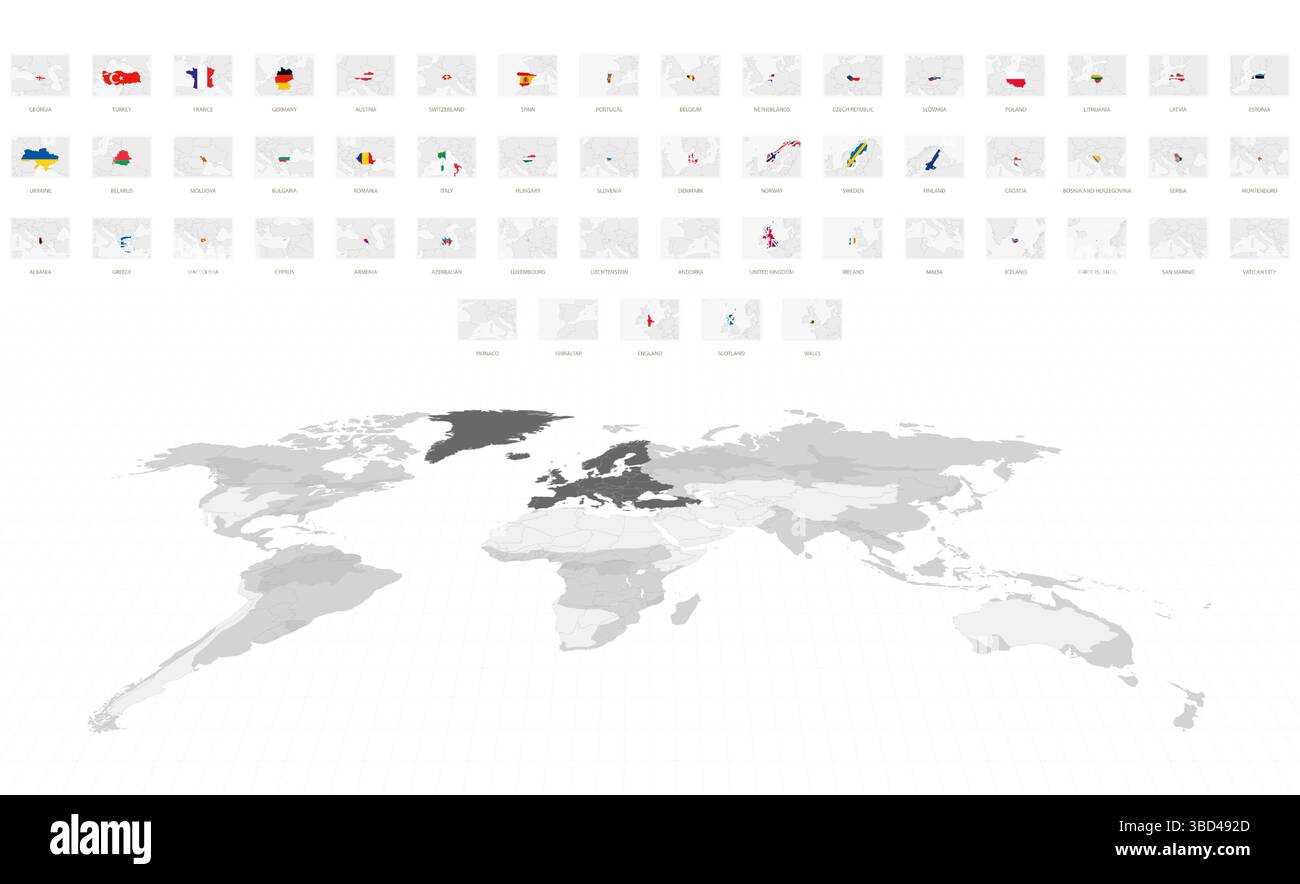 Mappe europee in grigio con bandiere nazionali. Mappa del mondo dei grigi con l'Europa. Illustrazione Vettoriale