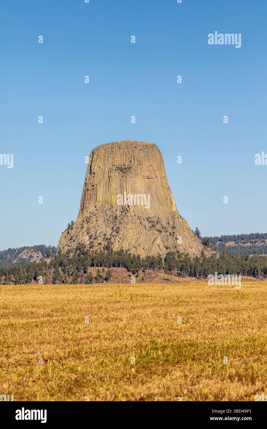 Il devil's Tower National Monument, una rara forma di roccia ignea, sorge fuori dal paesaggio del Wyoming, Stati Uniti. Foto Stock