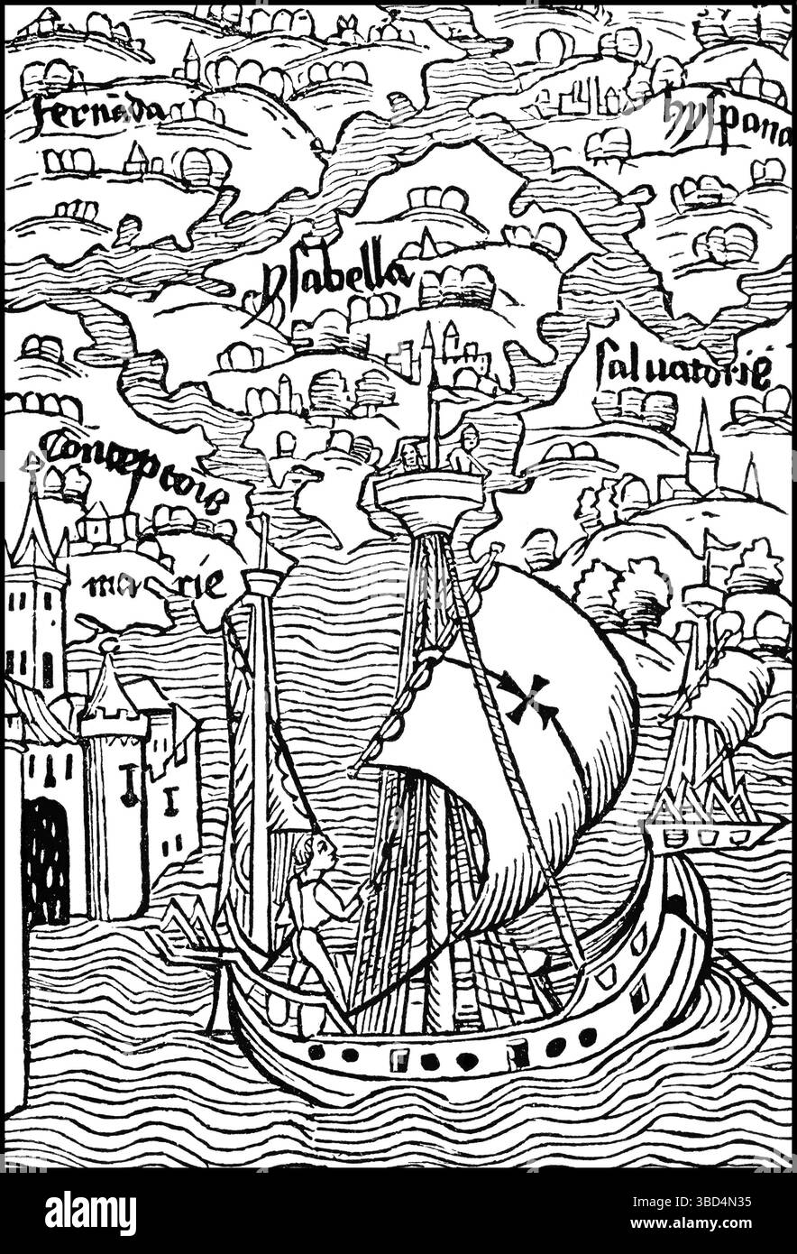 Disegno storico, facsimile dell'immagine topografica delle isole scoperte da Colombo, oggi conosciuta come America, XV secolo Foto Stock