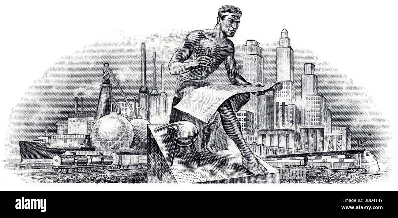 Dettaglio dell'illustrazione nella vignetta di un certificato di magazzino storico di una casa editrice medica, disegno che mostra un uomo con paraphernalia Foto Stock