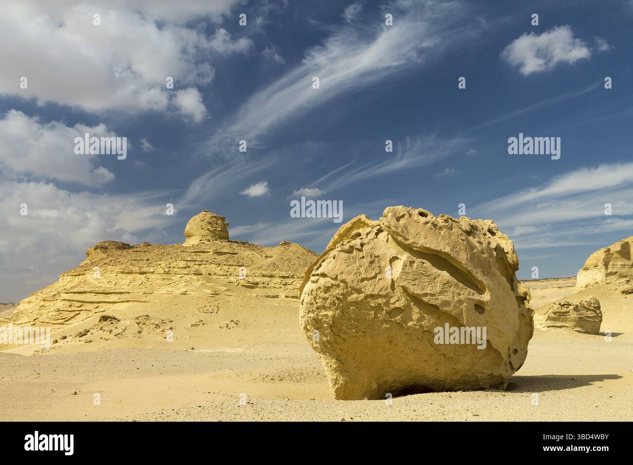 Un masso a Wadi al-Hitan, la Valle delle balene, nel deserto del Sahara, modellato dall'erosione del vento (processi eolici). Fotografato con il blu Foto Stock