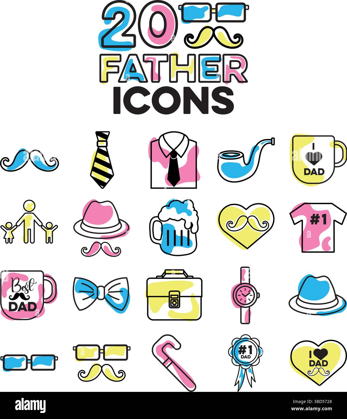 Set di venti icone di papà cartoni animati. Vettore Illustrazione Vettoriale