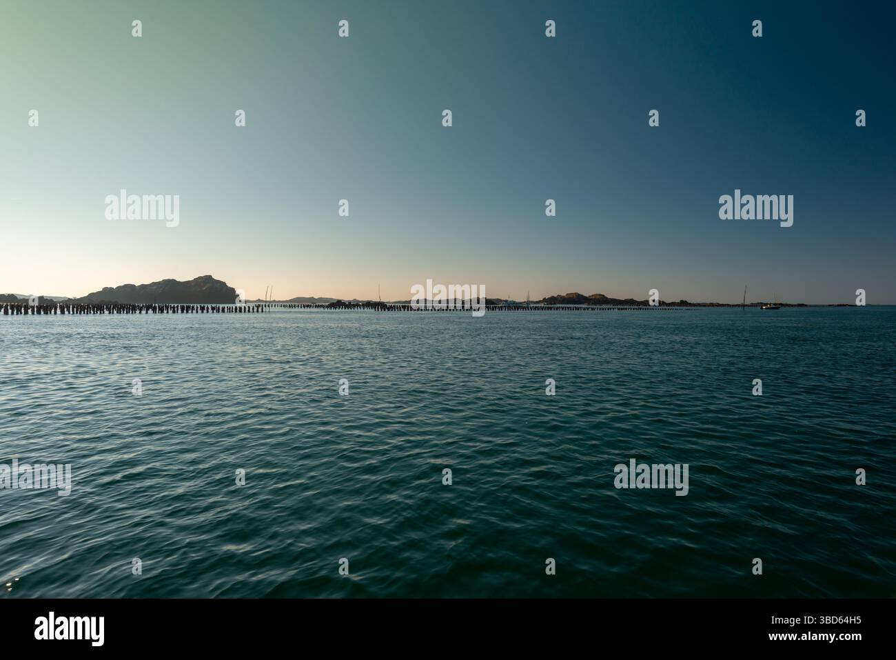 Paesaggio marino delle isole Chausey durante un bel cielo azzurro e una giornata di sole e durante l'alta marea con un vicino allevamento di cozze. Isole Chausey, Normandia, Foto Stock
