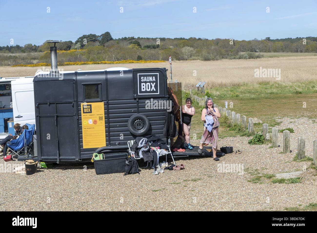 Sauna Box sauna mobile in box per cavalli convertito, Dunwich, Suffolk, Inghilterra, Regno Unito Foto Stock