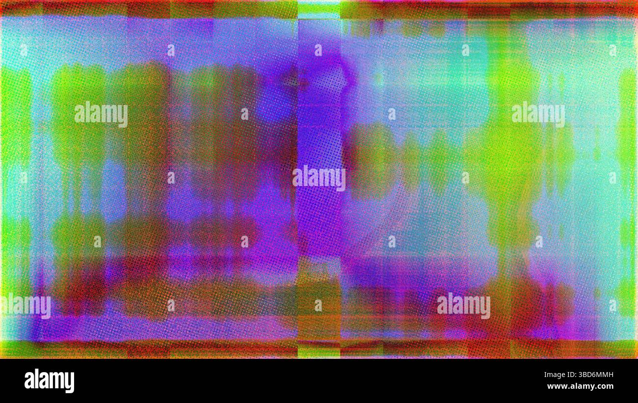 Una composizione astratta caratterizzata da colori vivaci e distorsioni digitali, che creano un'atmosfera visivamente caotica ma intrigante che evoca emozioni e Foto Stock