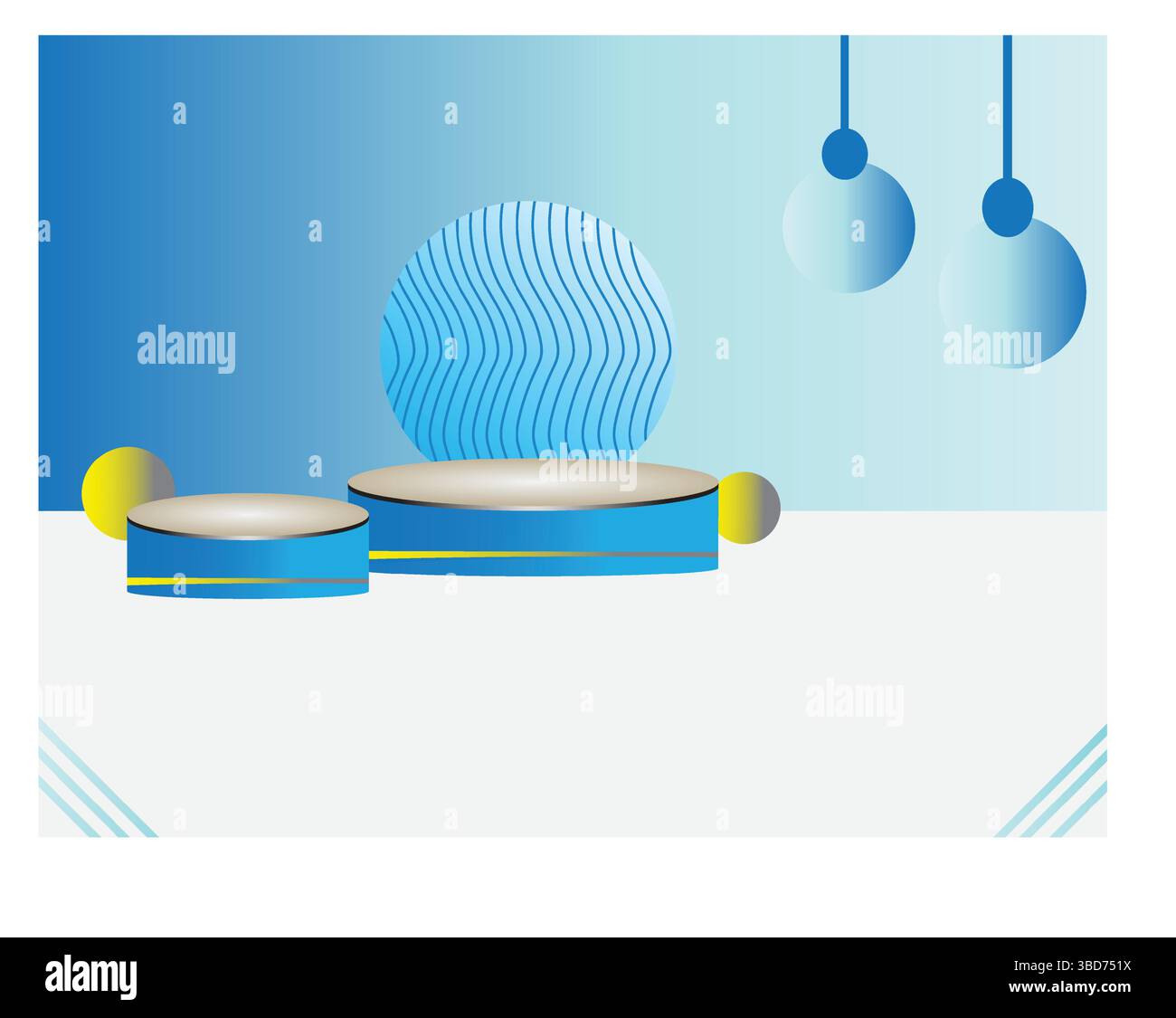 Scenografia a podio ispirata alla tecnologia blu con lampade appese per l'esposizione dei prodotti Illustrazione Vettoriale