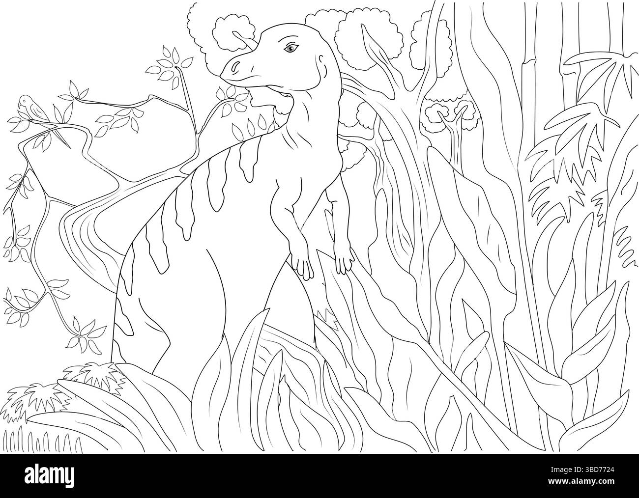 Illustrazione in bianco e nero di un dinosauro cartoni animati in un ambiente preistorico della giungla. Perfetto per una pagina di libri da colorare per bambini Illustrazione Vettoriale