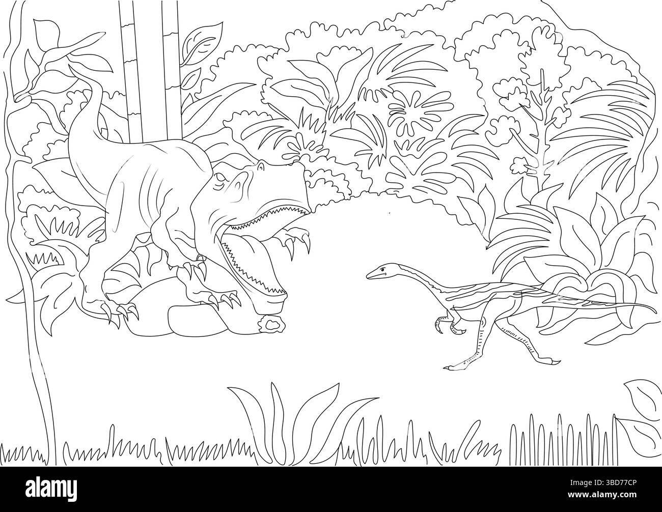 Illustrazione in bianco e nero che raffigura una scena dell'era preistorica. Un grande dinosauro predatore, probabilmente un Tyrannosaurus Rex, è mostrato r Illustrazione Vettoriale