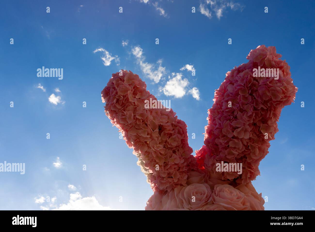 Orecchie da coniglio decorative realizzate con fiori artificiali rosa con cielo blu e nuvole sullo sfondo, perfette per i temi primaverili o pasquali. Foto Stock