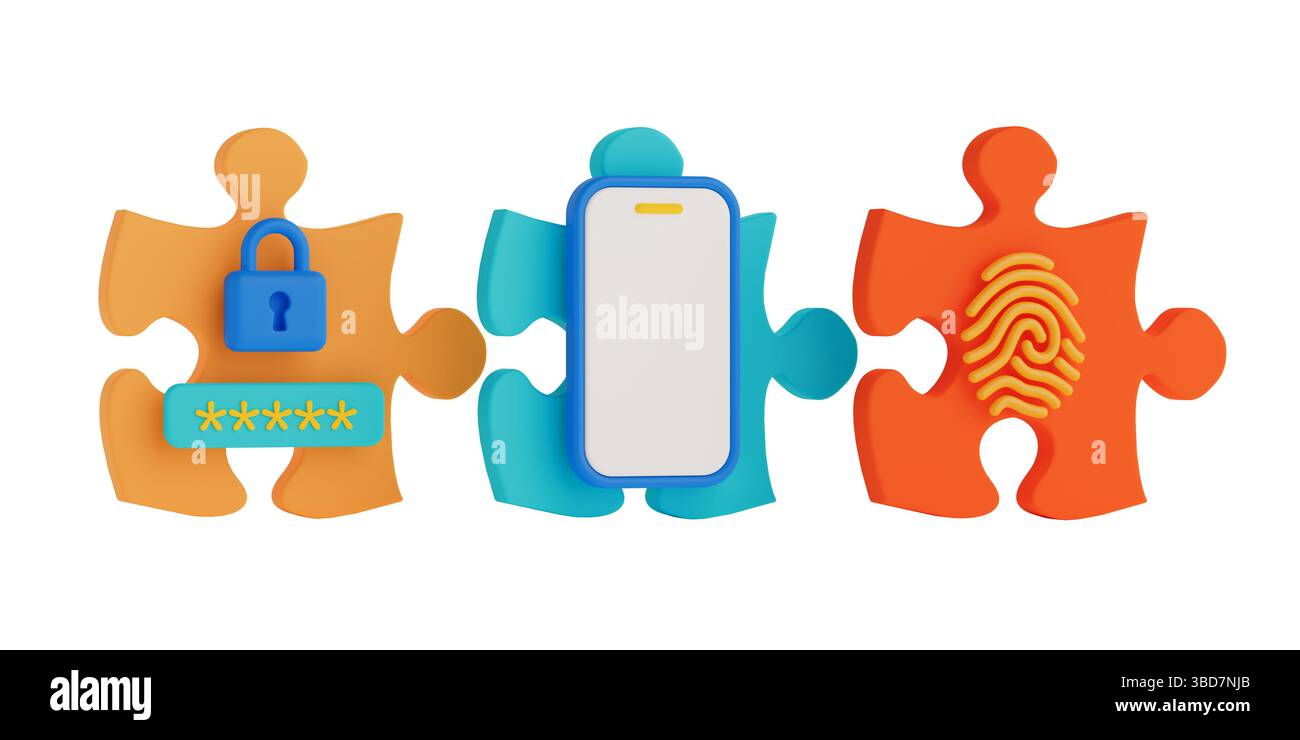 Concetto di metodi di accesso per la sicurezza informatica. Tessere del puzzle con password, smartphone e impronte digitali su sfondo bianco. Rendering 3d. Foto Stock