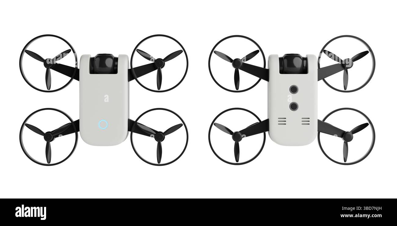 Tecnologia moderna e concetto di fotografia aerea. Drone Quadcopter bianco con fotocamera e eliche nere isolate su sfondo bianco. Rendering 3d. Foto Stock