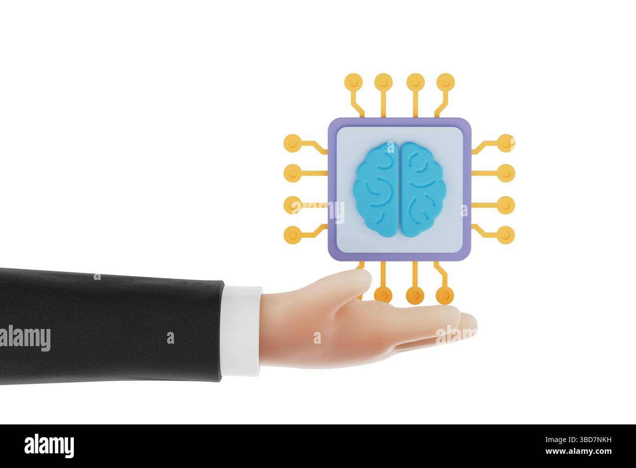 Concetto di integrazione dell'intelligenza artificiale. Processore neurale per mano umana con simbolo del cervello su sfondo bianco. Rendering 3d. Foto Stock