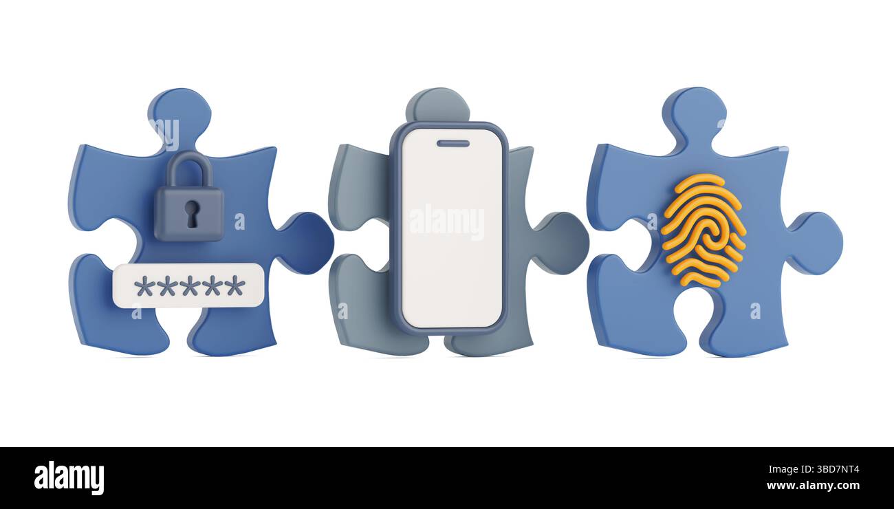 Concetto di componenti di sicurezza informatica. Tessere del puzzle con lucchetto, smartphone e impronta digitale su sfondo bianco. Rendering 3d. Foto Stock