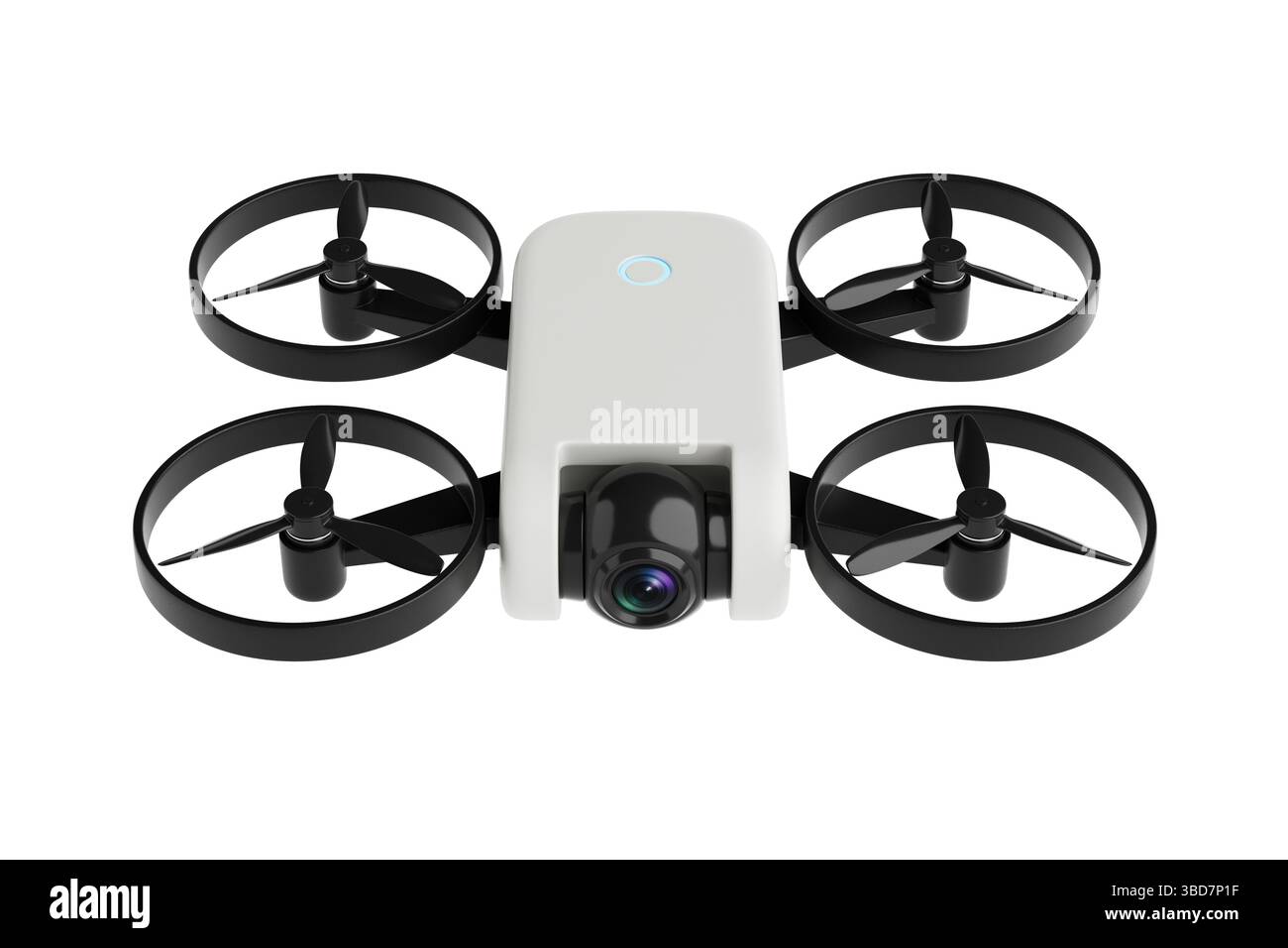 Tecnologia moderna e concetto di fotografia aerea. Drone Quadcopter bianco con fotocamera e eliche nere isolate su sfondo bianco. Rendering 3d. Foto Stock