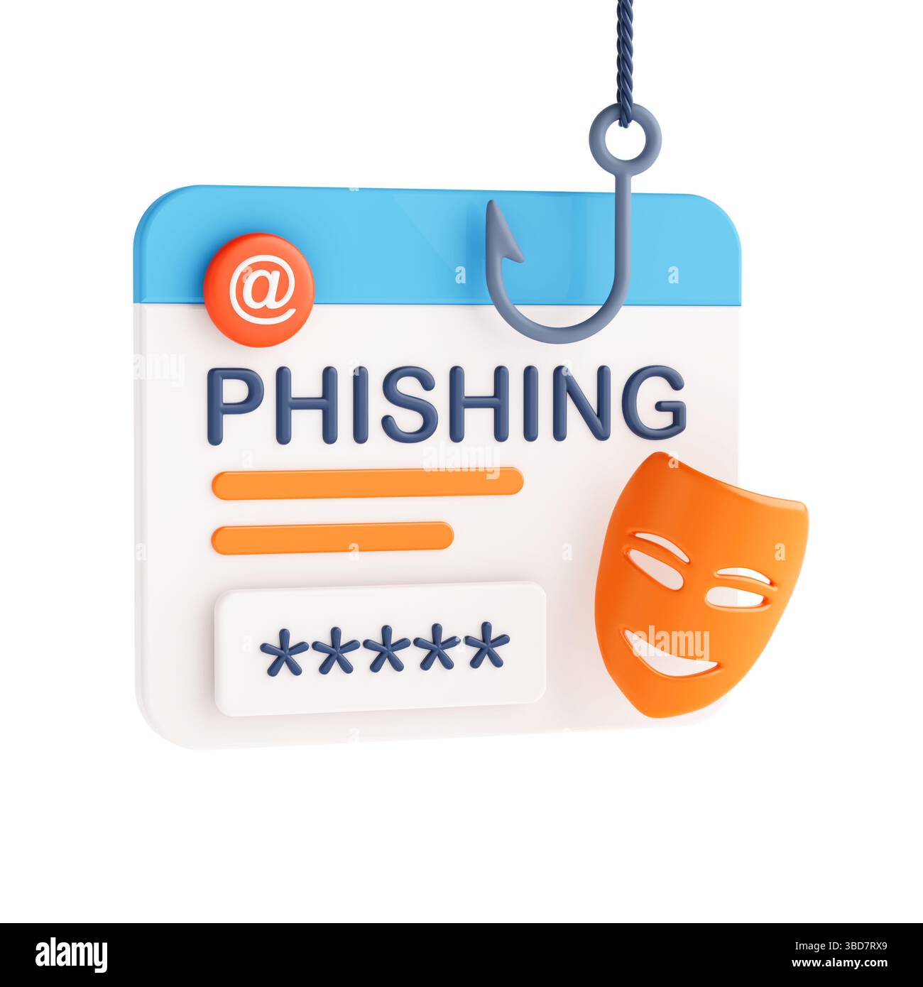 Consapevolezza delle minacce alla sicurezza informatica. Interfaccia di accesso tramite phishing con gancio e maschera che simboleggia il furto di dati su sfondo bianco. Rendering 3d. Foto Stock