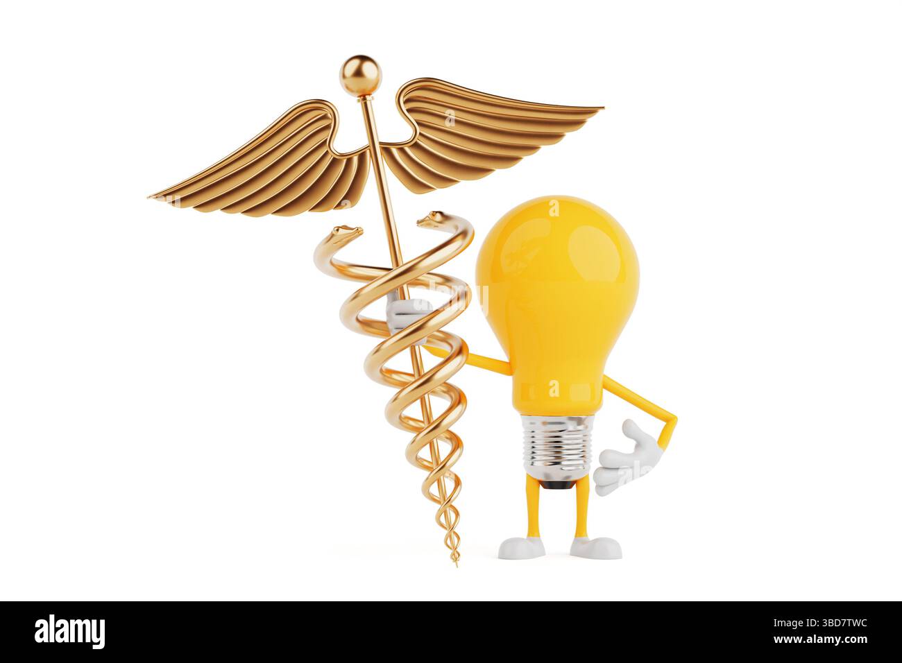 Concetto di innovazione nel settore sanitario. Lampadina gialla con simbolo Golden Caduceus su sfondo bianco. Rendering 3d. Foto Stock