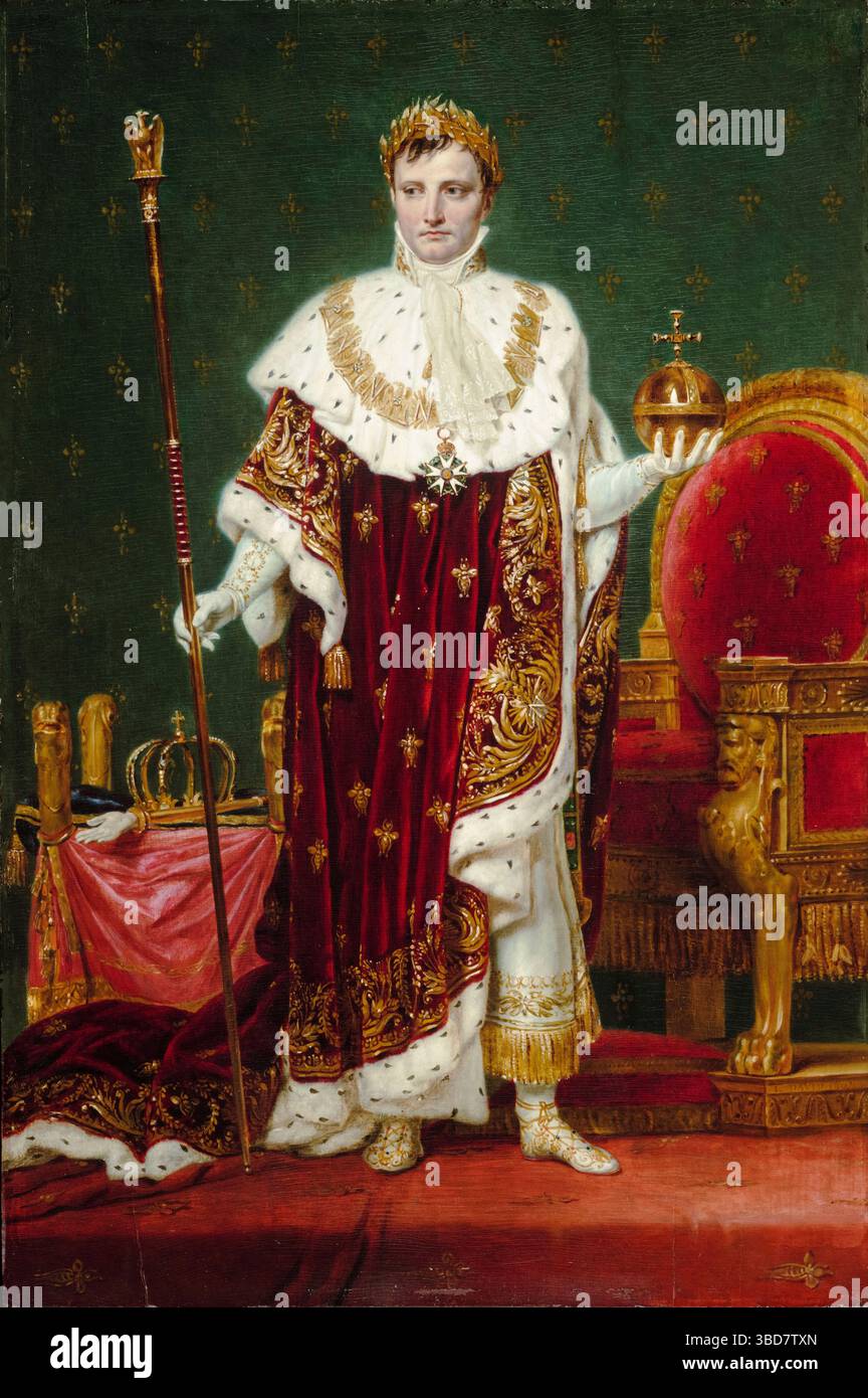 Imperatore Napoleone i (1769-1821), (Napoleone Bonaparte) in abiti da incoronazione, ritratto a olio su tavola di Jacques Louis David, circa 1807 Foto Stock