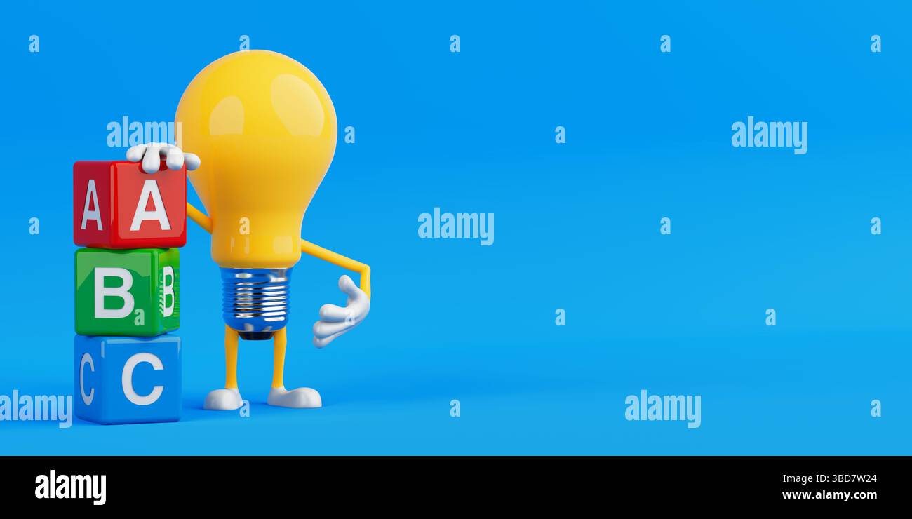 Concetto di apprendimento precoce. Lampadina gialla con blocchi alfabetici su sfondo blu. Rendering 3d. Foto Stock