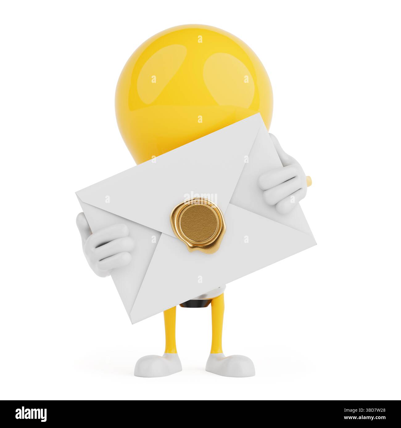 Concetto di comunicazione esclusivo. Carattere lampadina che tiene in mano busta sigillata con timbro dorato su sfondo bianco. Rendering 3d. Foto Stock