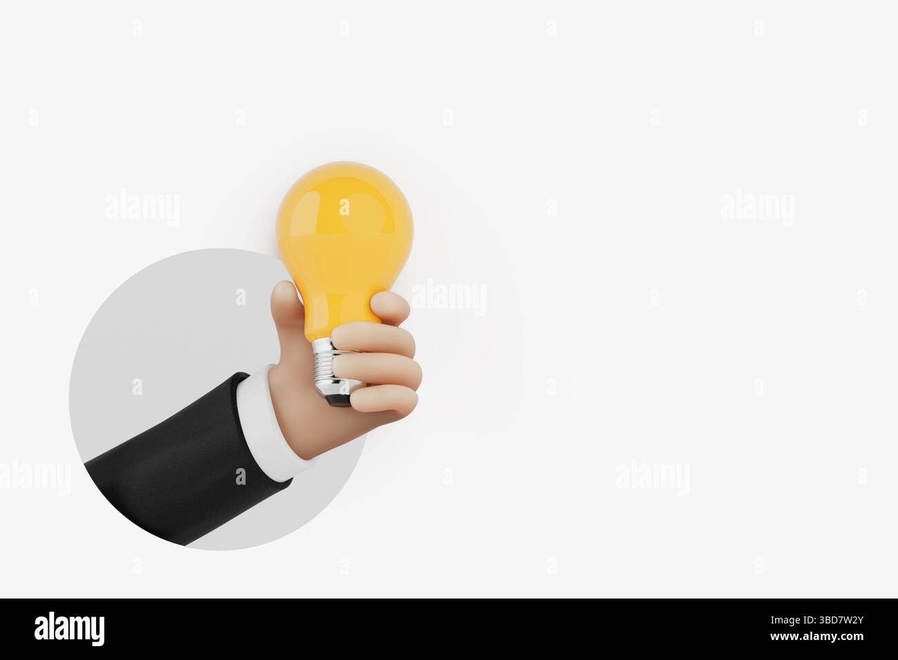 Idea di business creativa. Cartoon 3D mano in tuta che regge la lampadina gialla su sfondo bianco. Rendering 3d. Foto Stock