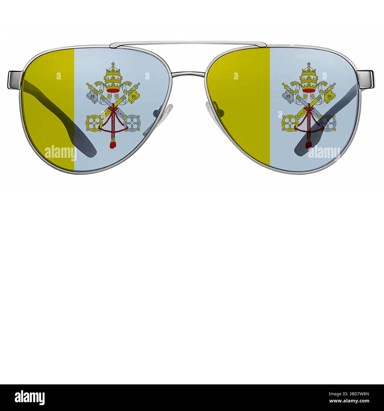 Sfondo bianco con occhiali da sole con bandiera Vaticana Foto Stock