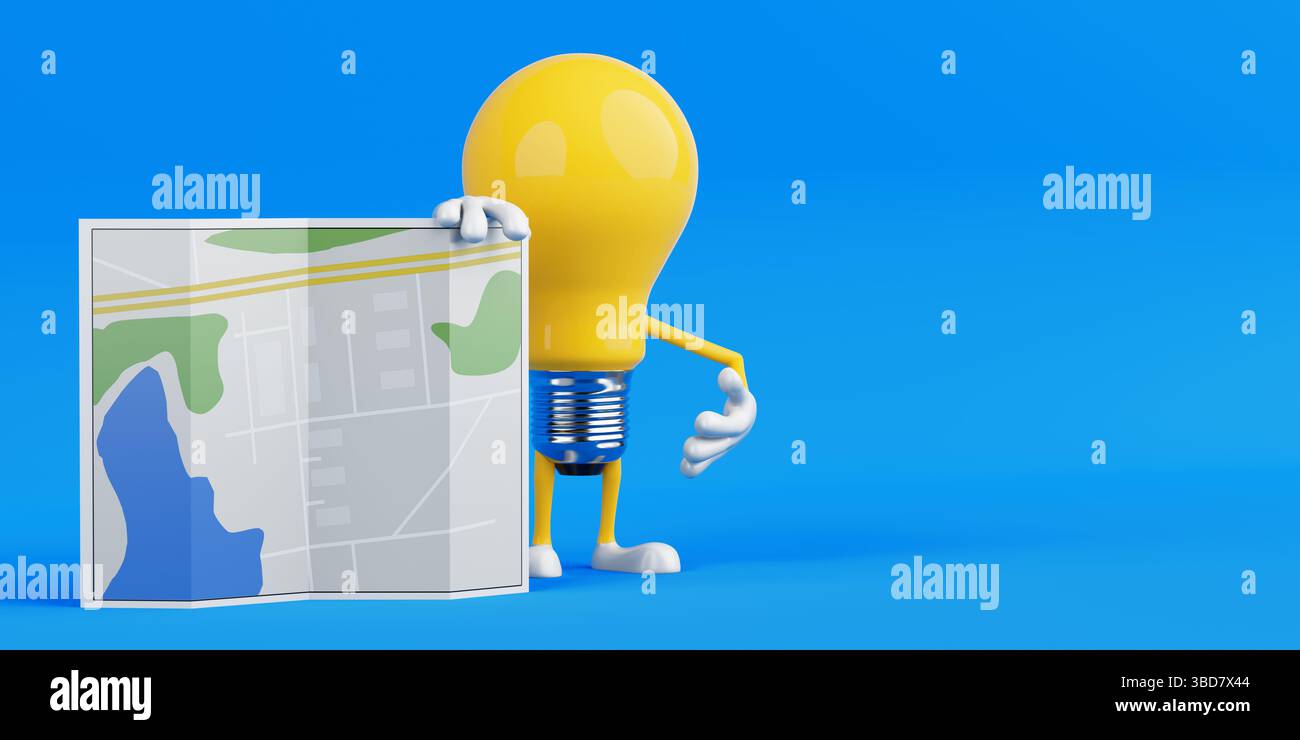 Concetto di navigazione e viaggio. Lampadina a luce gialla con mappa della città ripiegata con strade e monumenti su sfondo blu. Rendering 3d. Foto Stock Concetto di navigazione e viaggio. Lampadina a luce gialla con mappa della città ripiegata con strade e monumenti su sfondo blu. Rendering 3d. Foto Stock