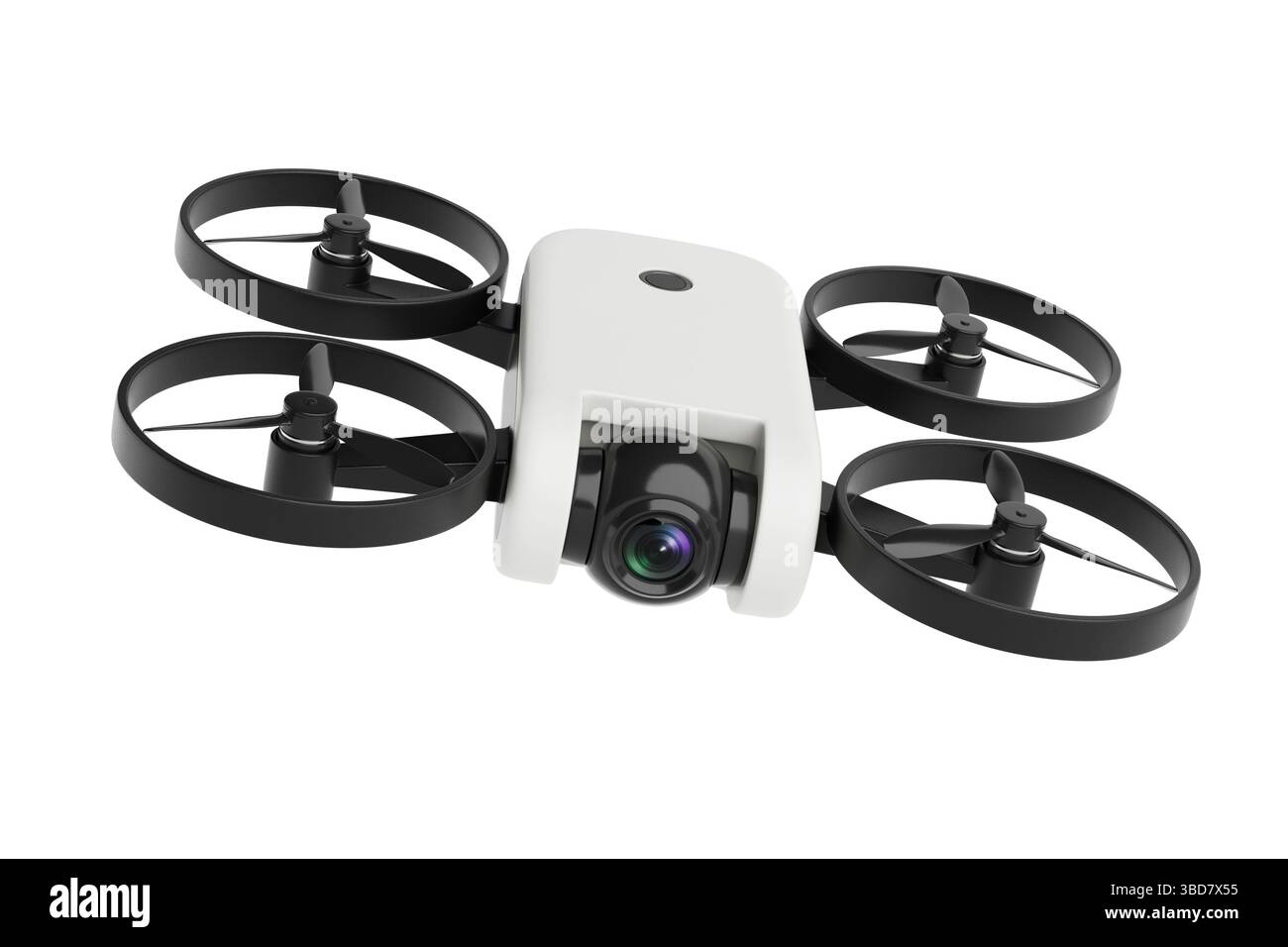 Tecnologia moderna e concetto di fotografia aerea. Drone Quadcopter bianco con fotocamera e eliche nere isolate su sfondo bianco. Rendering 3d. Foto Stock