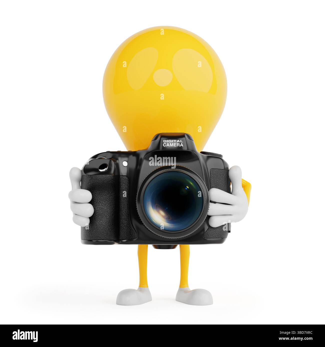 Creatività e fotografia. Lampadina a fumetti gialla che tiene la fotocamera digitale nera su sfondo bianco. Rendering 3d. Foto Stock