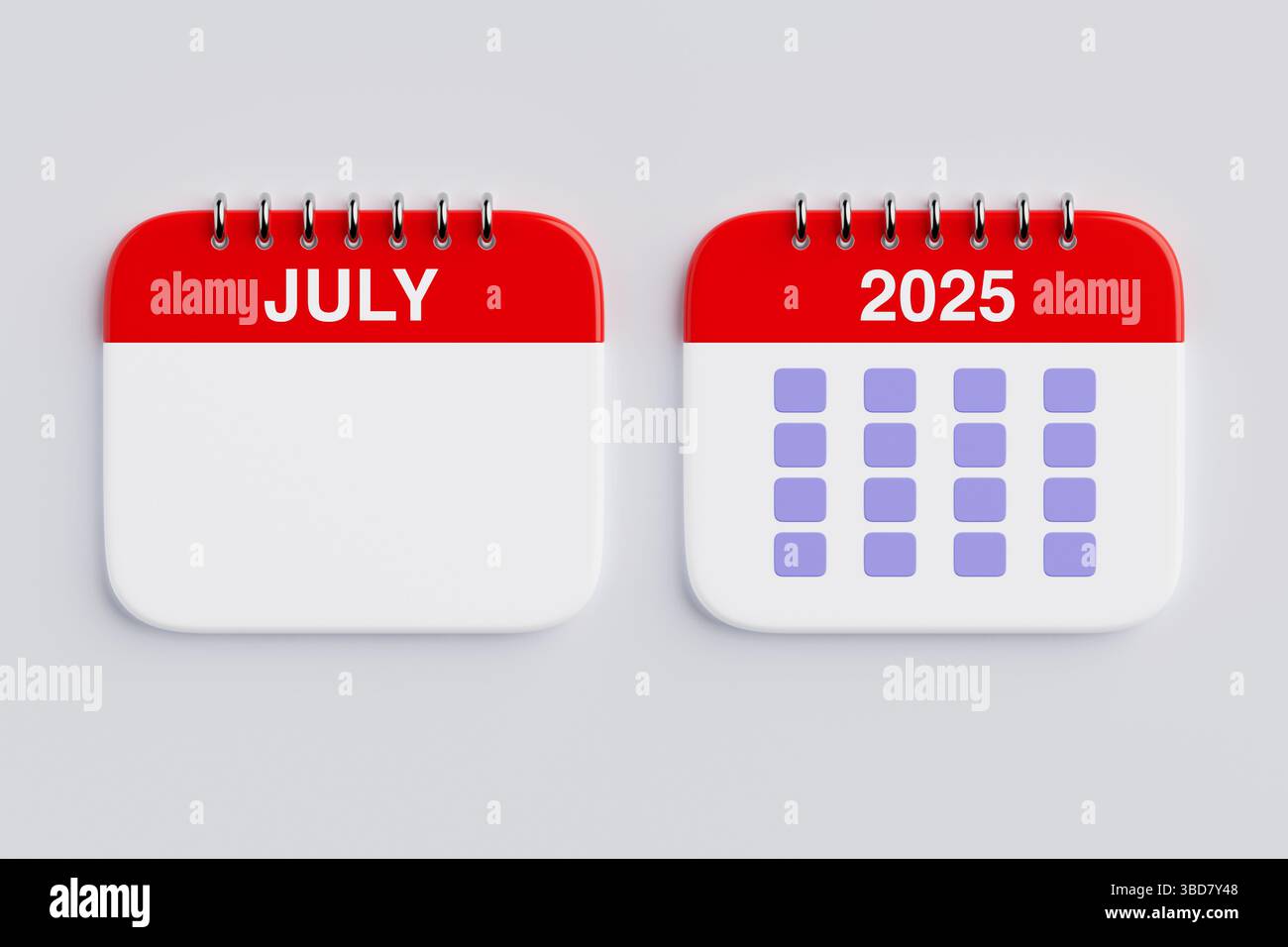 Icona Calendario del mese di luglio 2025 su sfondo bianco. Rendering 3d. Foto Stock